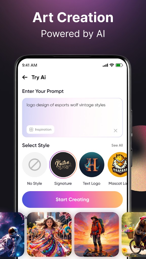 AI logo generation screen with prompt and style options — AI Logo & Brand Identity Studio