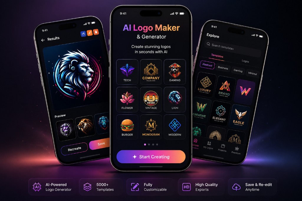 AI-powered brand identity studio showcasing logo generation, visual editor, and template library across multiple mobile screens — AI Logo & Brand Identity Studio