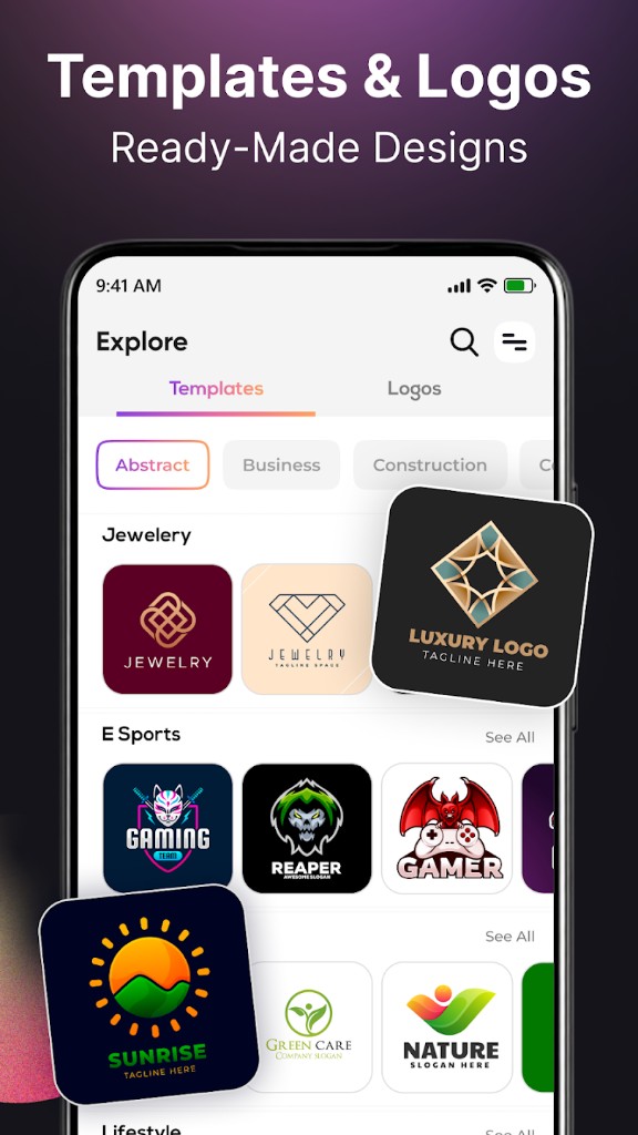 Template browsing experience with industry categories — AI Logo & Brand Identity Studio
