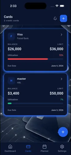ALOC cards screen listing credit cards with utilization bars — ALOC Personal Finance Platform