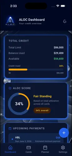 ALOC dashboard showing total credit, utilization score, and upcoming payments — ALOC Personal Finance Platform