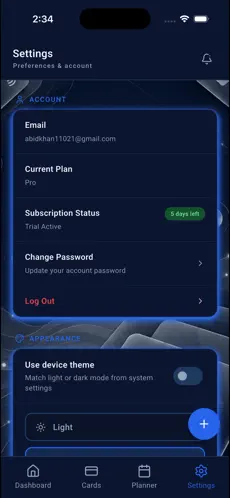 ALOC settings screen with account and appearance preferences — ALOC Personal Finance Platform