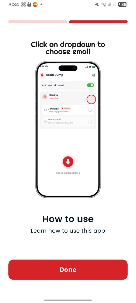 Brain Dump onboarding tutorial for choosing email recipients from dropdown — Brain Dump AI Voice Messaging Platform