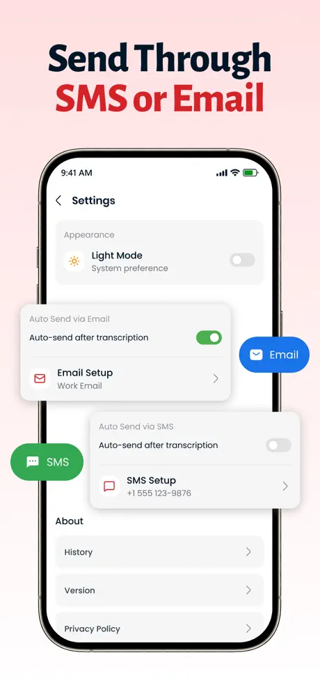 Brain Dump settings for auto-send via email and SMS after transcription — Brain Dump AI Voice Messaging Platform