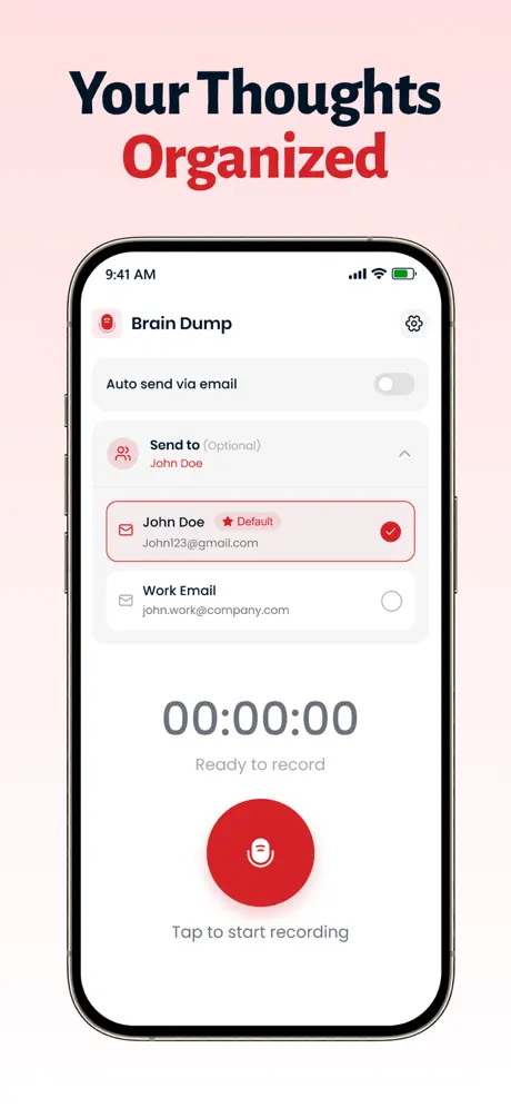 Brain Dump record screen with email recipient selection and one-tap voice capture — Brain Dump AI Voice Messaging Platform