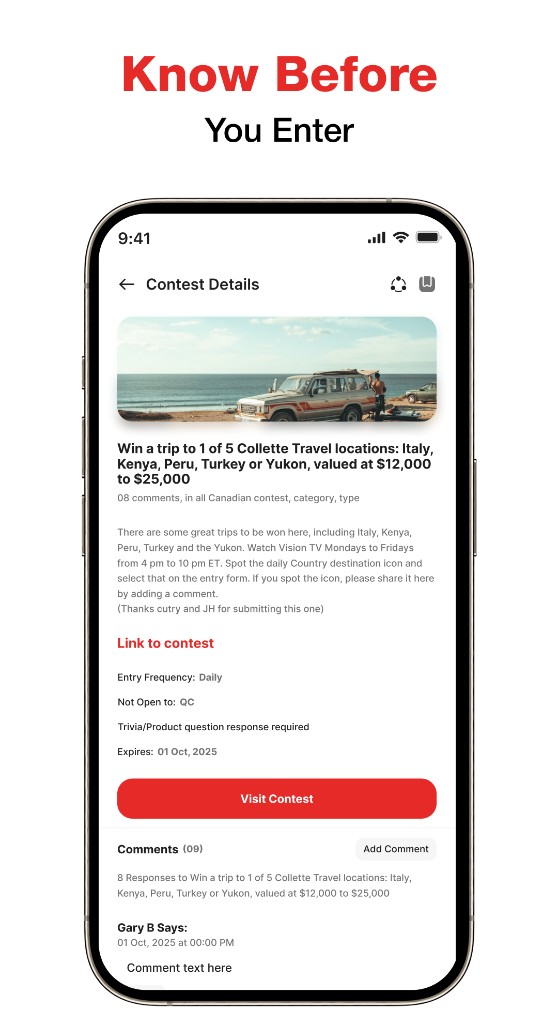 Contest Canada contest detail view with entry instructions — Contest Canada Mobile Platform