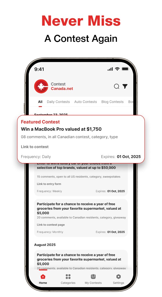 Contest Canada home feed with featured contest card — Contest Canada Mobile Platform