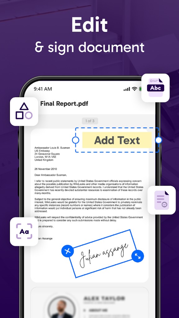PDF editing interface with text, annotations, and digital signatures — Document Scanner & PDF Suite