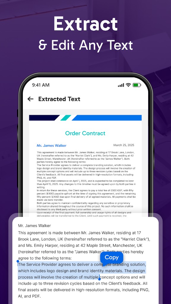 OCR text extraction from scanned documents with copy and edit support — Document Scanner & PDF Suite