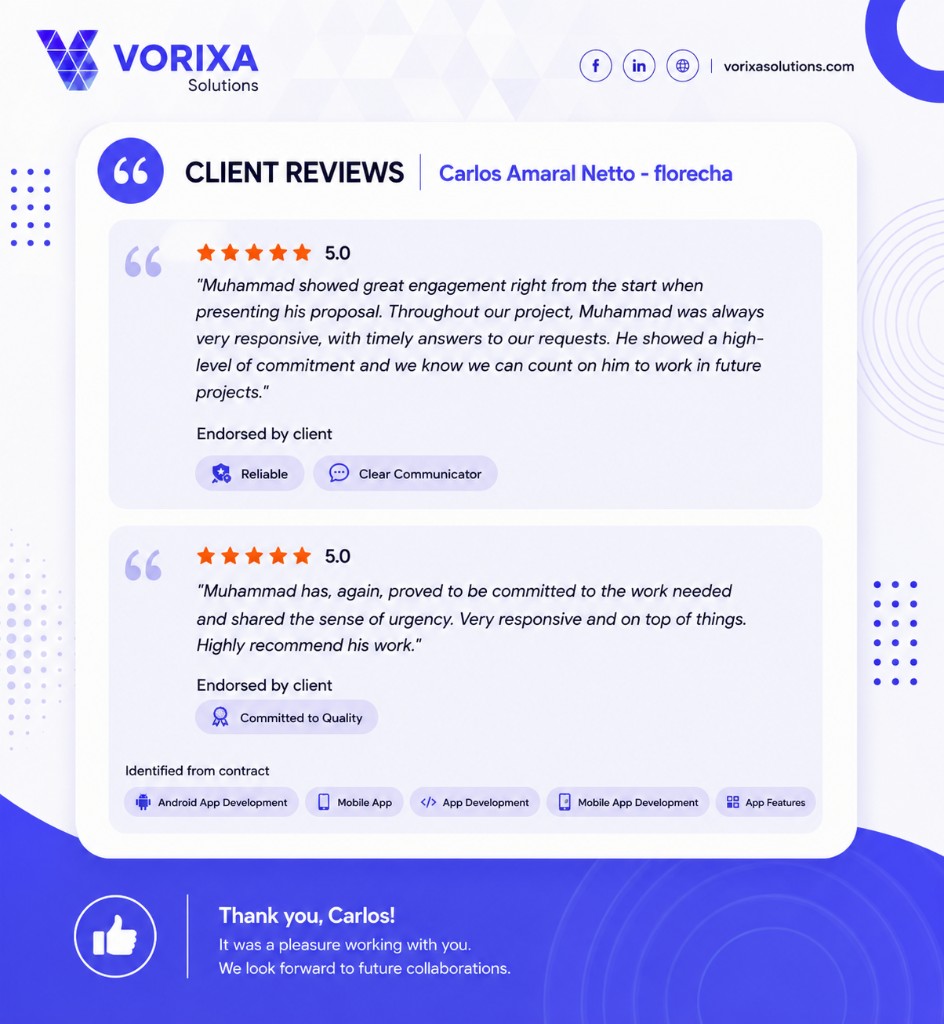Upwork client reviews for Forrestia, rated 5 out of 5 stars by Carlos Amaral Netto at Florecha