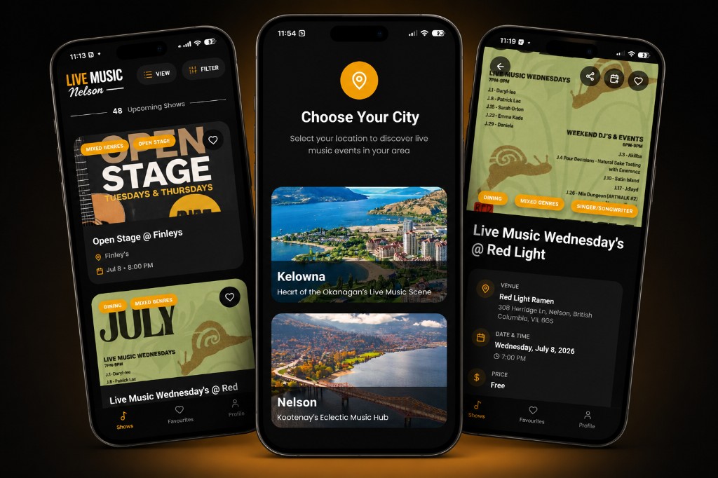 Live Music Local app showcasing event discovery, city selection, and event details across three iPhone screens