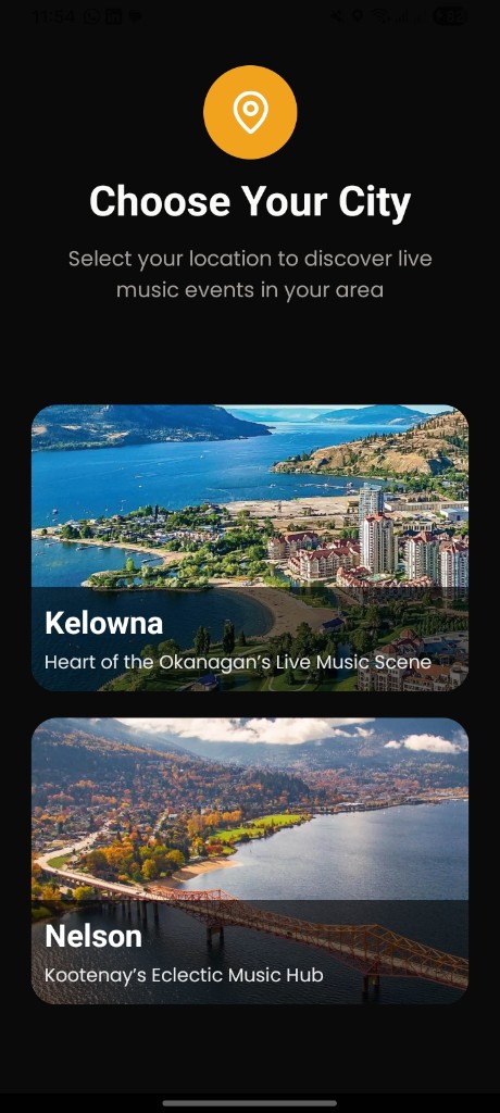 Live Music Local city selection screen for Kelowna and Nelson