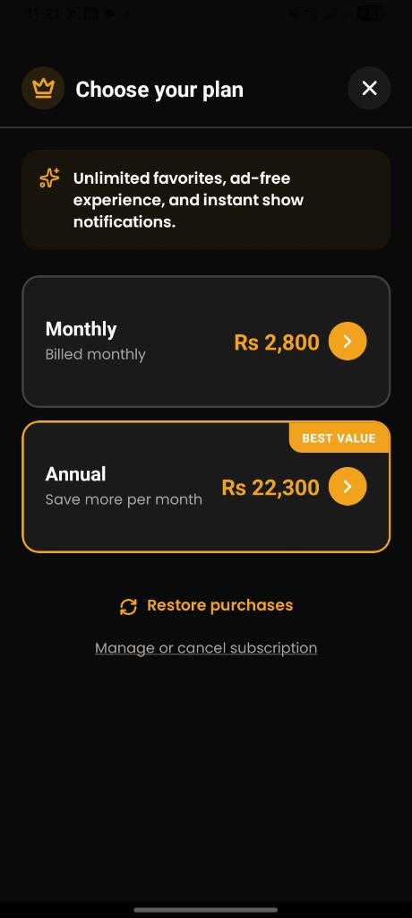 Live Music Local premium subscription plan selection