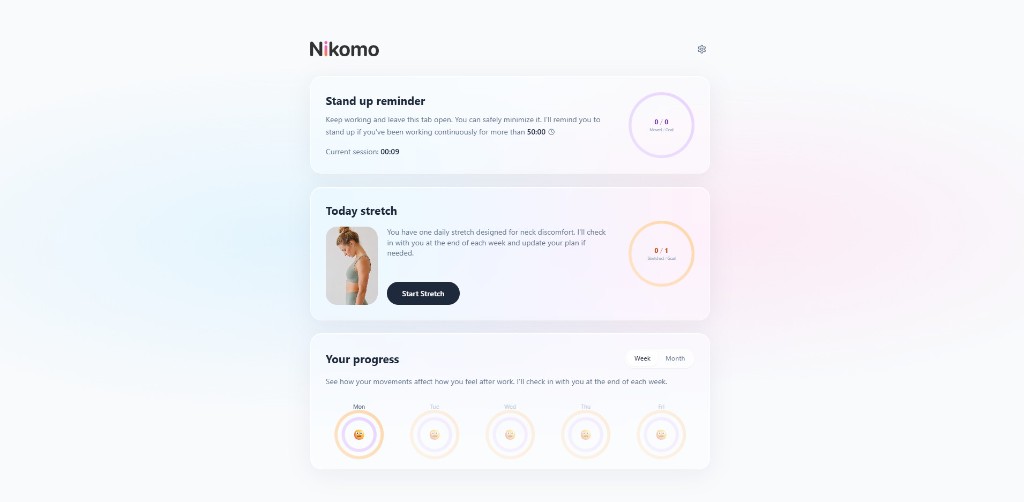 Dashboard tracking active work sessions and reminder schedule — Desktop Wellness Reminder Platform