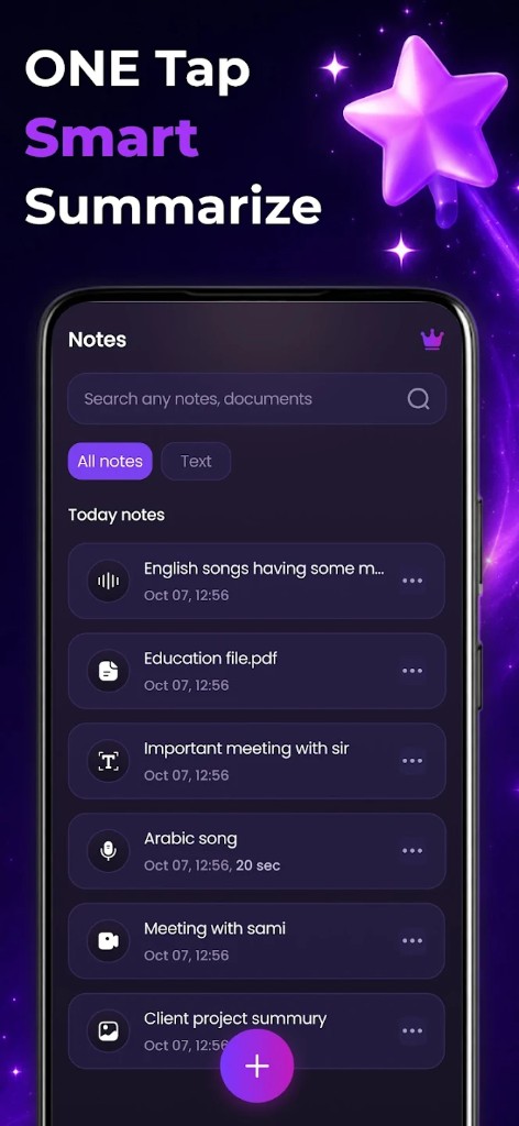 History and search interface with categorized notes — AI Note Taking Assistant