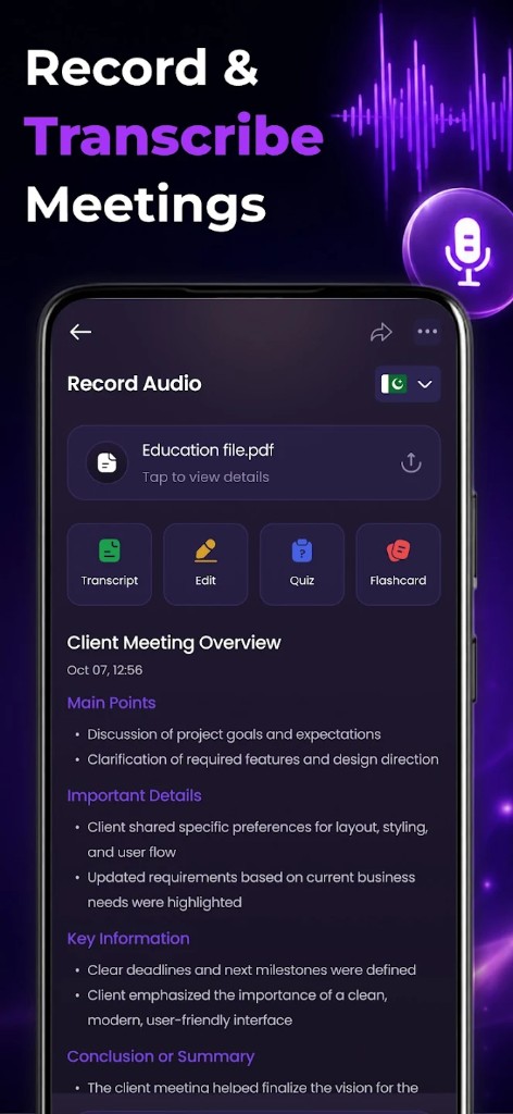 AI-generated meeting summary with structured key points — AI Note Taking Assistant